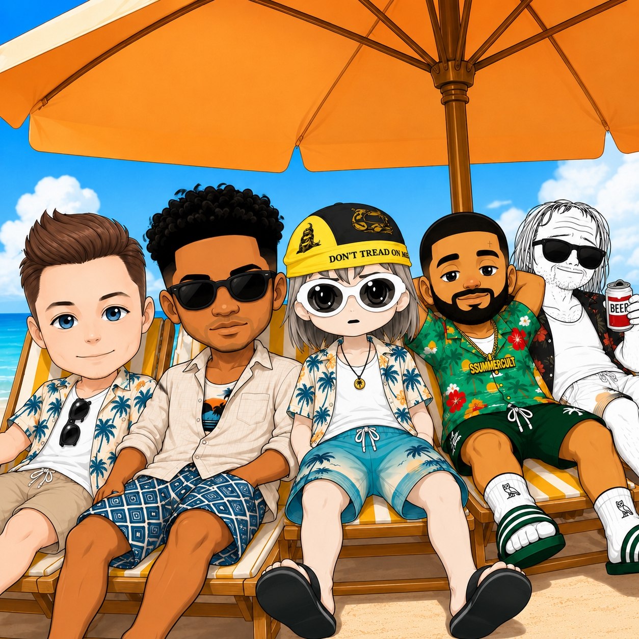 Summer Cult sitting on beach loungers